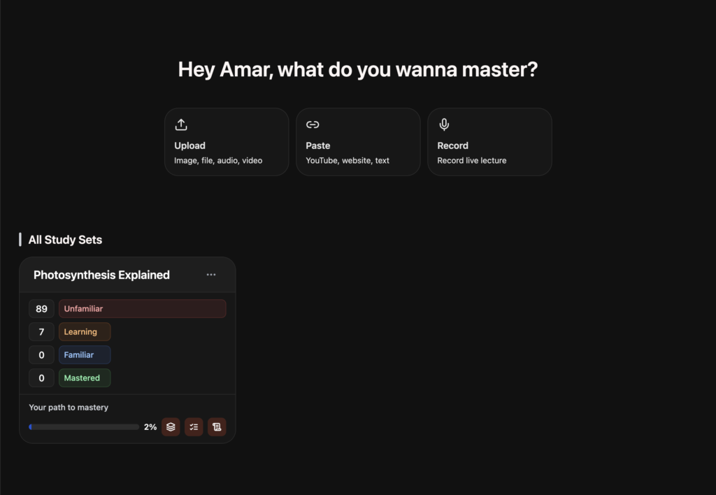Study dashboard showing sets and mastery progress levels